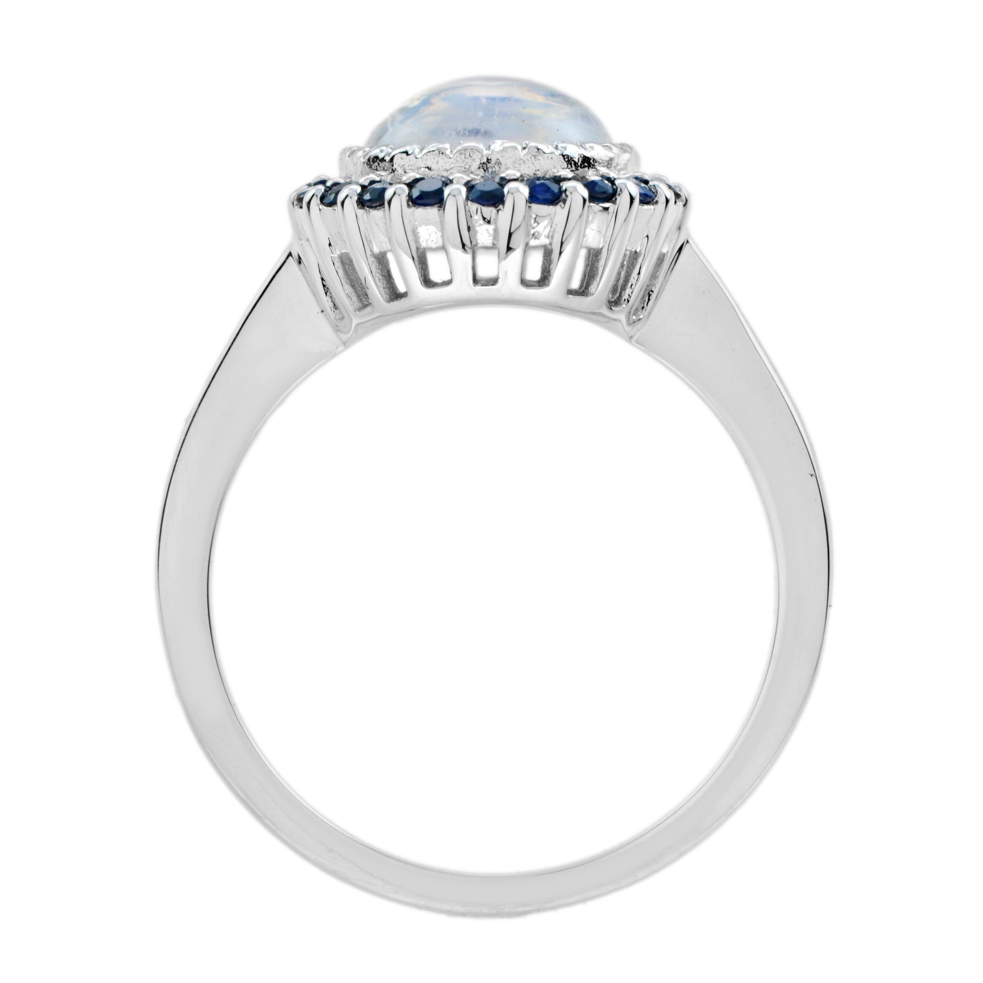 Round White Moonstone & Blue Sapphire Halo Set Vintage Style 14K White Gold Ring