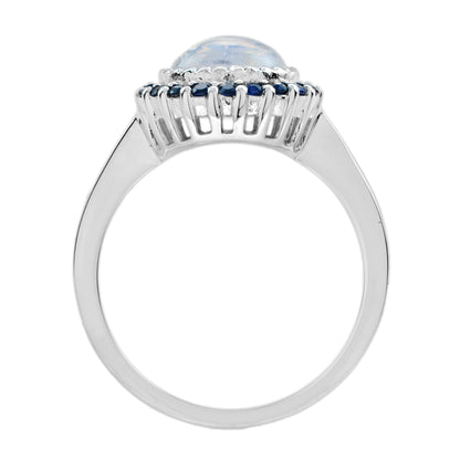 Round White Moonstone & Blue Sapphire Halo Set Vintage Style 14K White Gold Ring