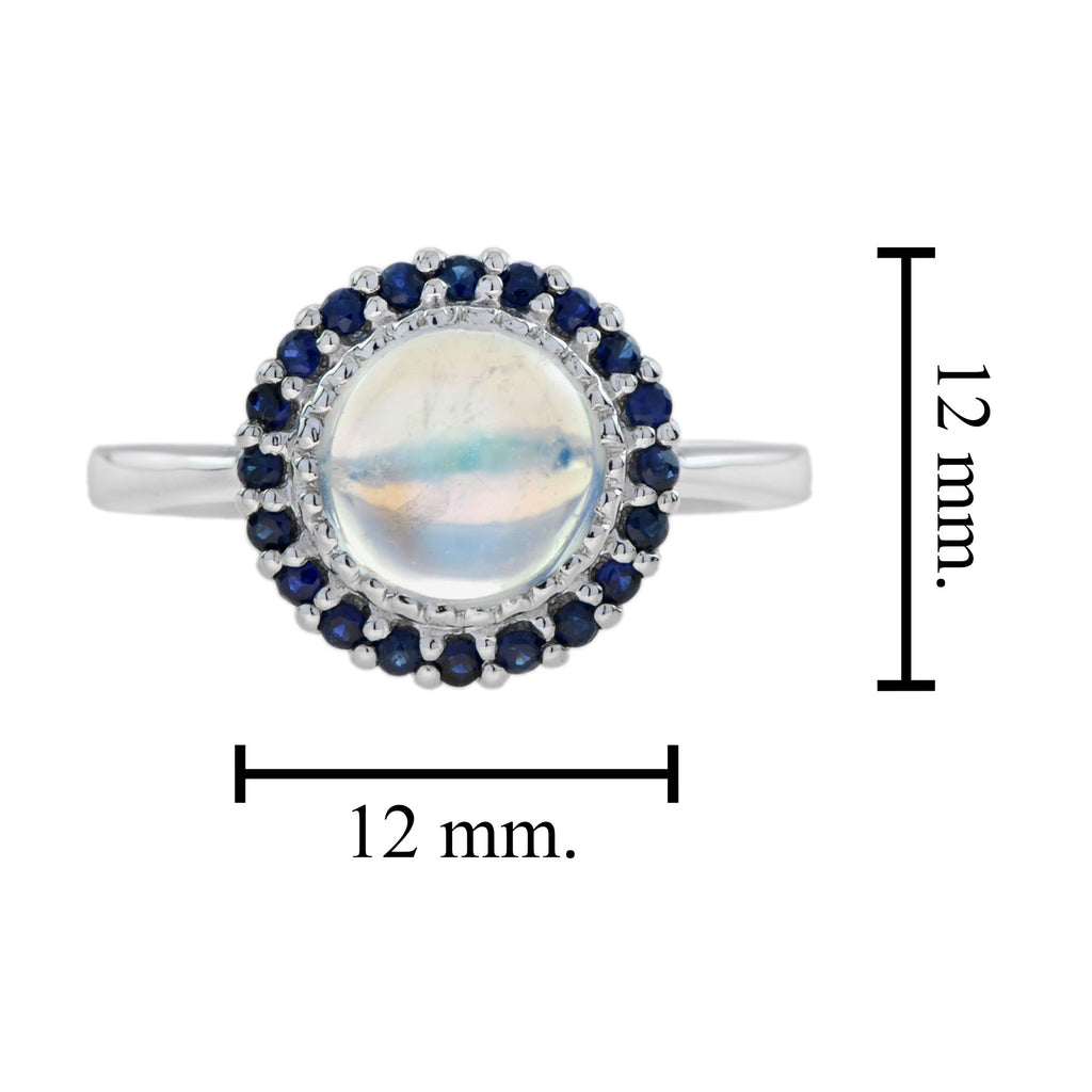 Round White Moonstone & Blue Sapphire Halo Set Vintage Style 14K White Gold Ring
