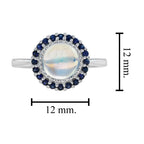 Round White Moonstone & Blue Sapphire Halo Set Vintage Style 14K White Gold Ring