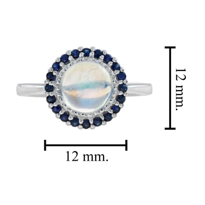 Round White Moonstone & Blue Sapphire Halo Set Vintage Style 14K White Gold Ring