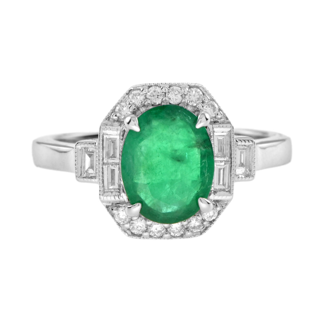 Art Deco Style Oval Shape Emerald &amp; Diamond Halo Set 18K White Gold Ring