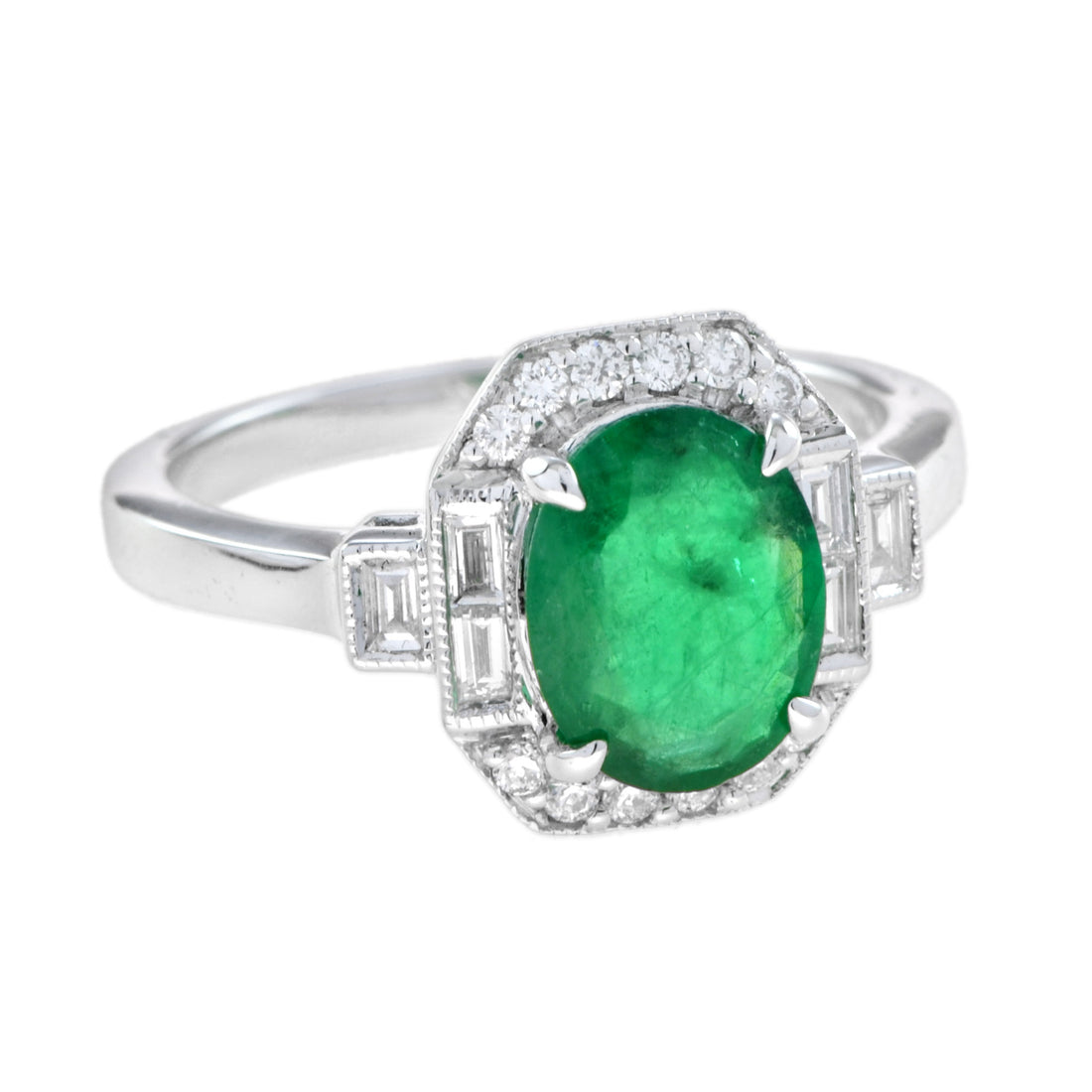 Art Deco Style Oval Shape Emerald &amp; Diamond Halo Set 18K White Gold Ring