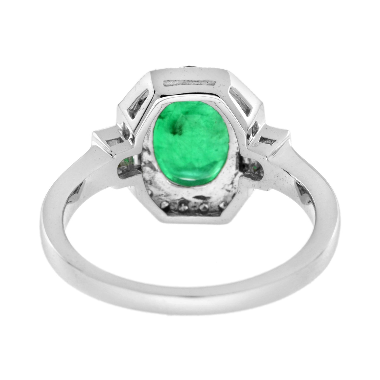 Art Deco Style Oval Shape Emerald &amp; Diamond Halo Set 18K White Gold Ring