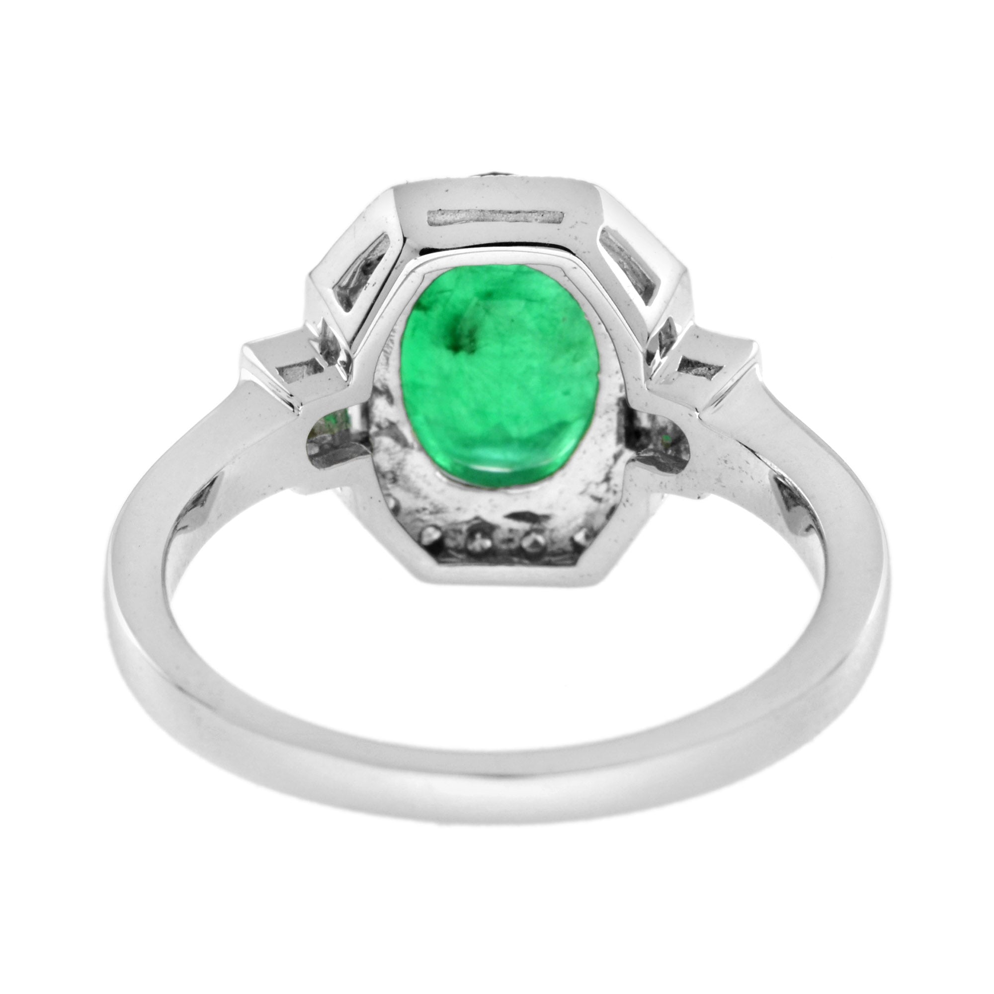 Art Deco Style Oval Shape Emerald &amp; Diamond Halo Set 18K White Gold Ring