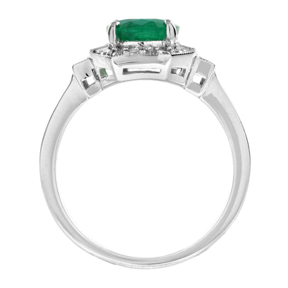 Art Deco Style Oval Shape Emerald &amp; Diamond Halo Set 18K White Gold Ring