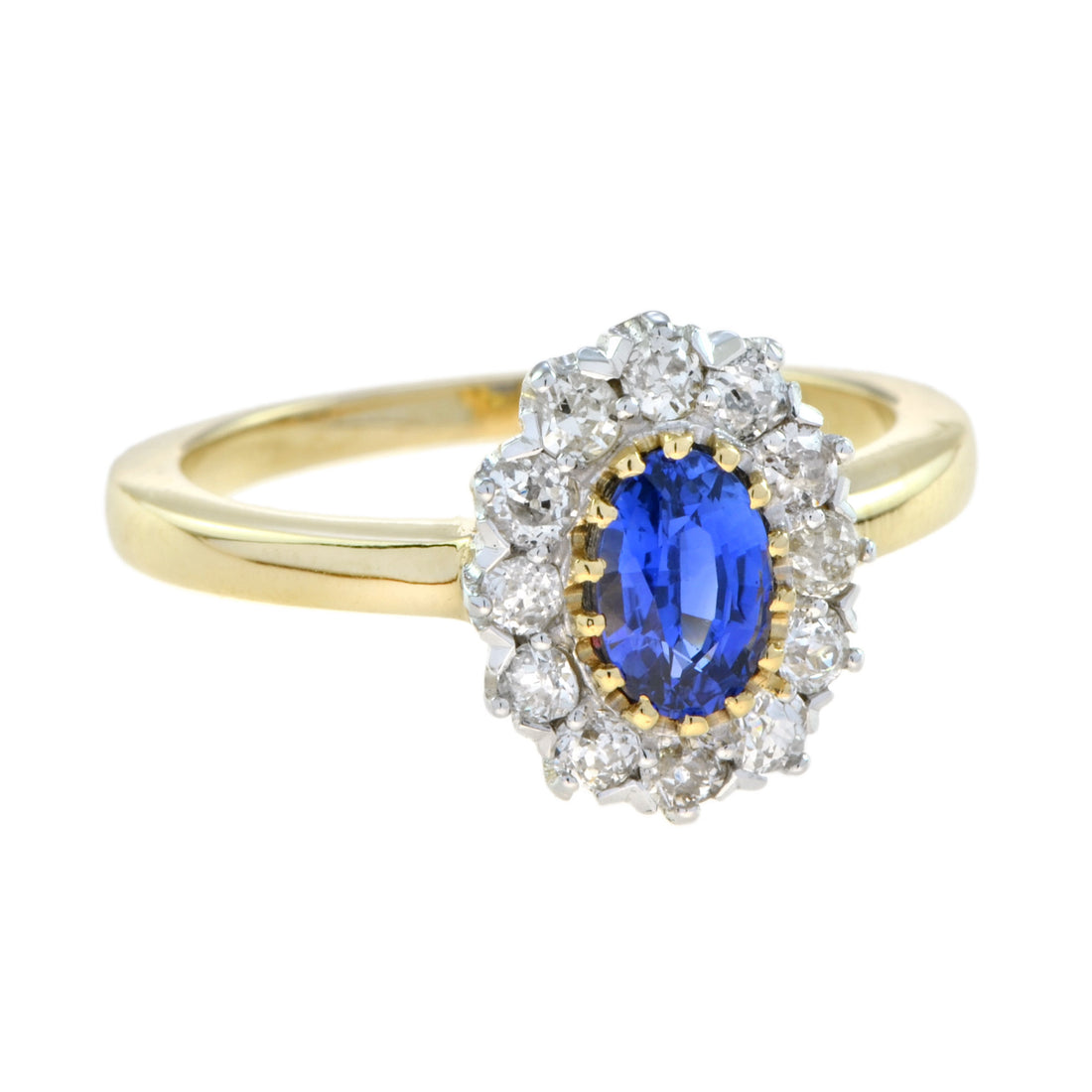Ceylon Oval Shape Blue Sapphire Diamond Halo Antique Style 18K Yellow Gold Ring