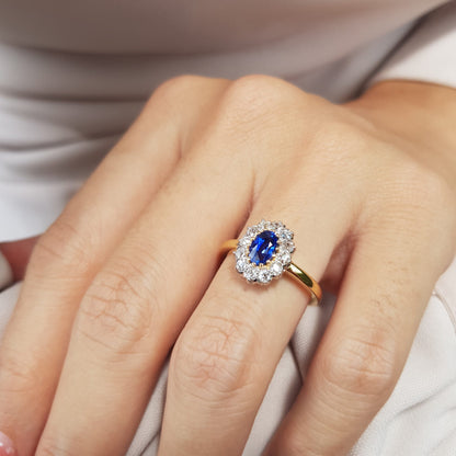 Ceylon Oval Shape Blue Sapphire Diamond Halo Antique Style 18K Yellow Gold Ring