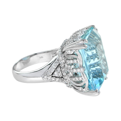 24.55 CT. Cert Blue Octagon Aquamarine & Diamond Cocktail 18K White Gold Ring