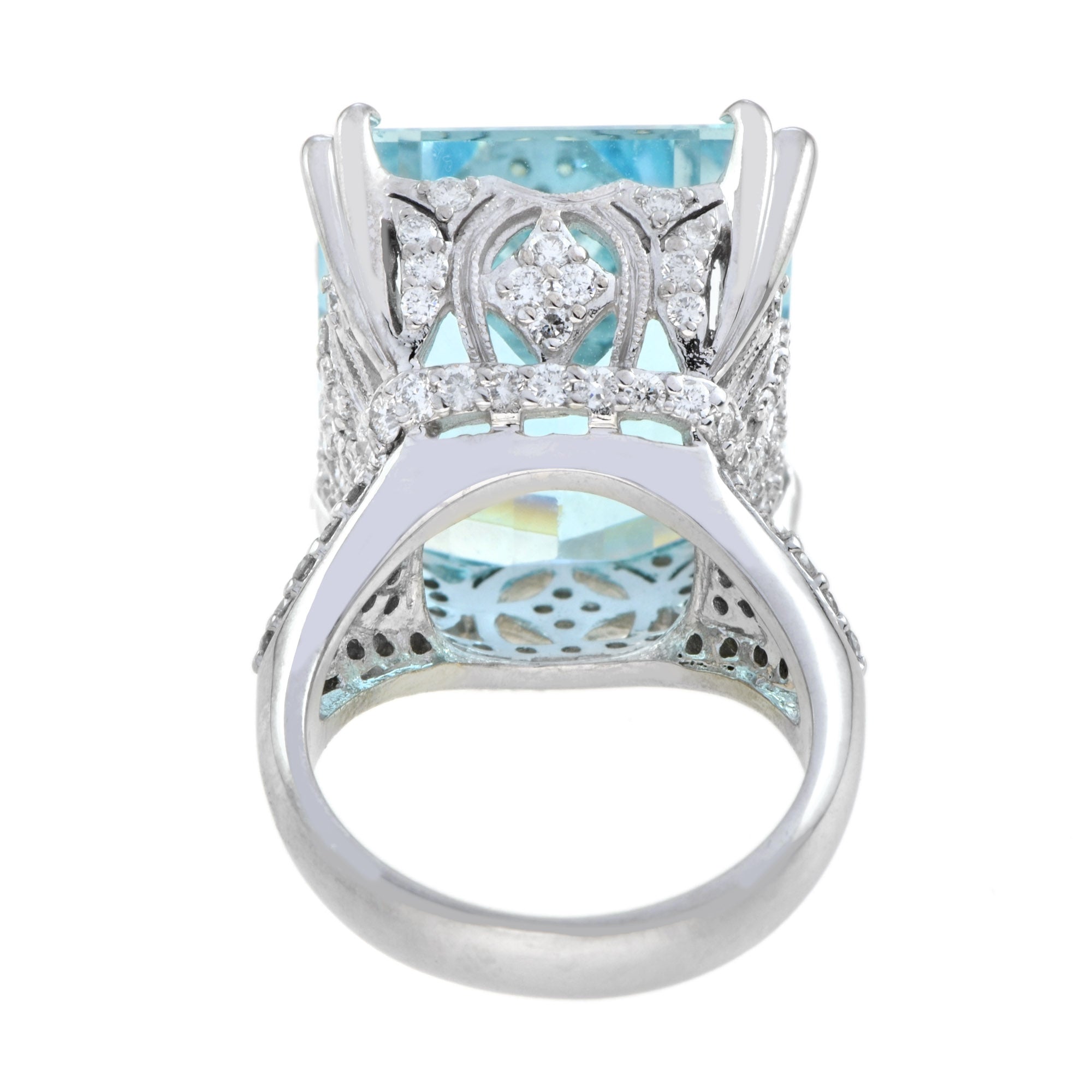24.55 CT. Cert Blue Octagon Aquamarine &amp; Diamond Cocktail 18K White Gold Ring