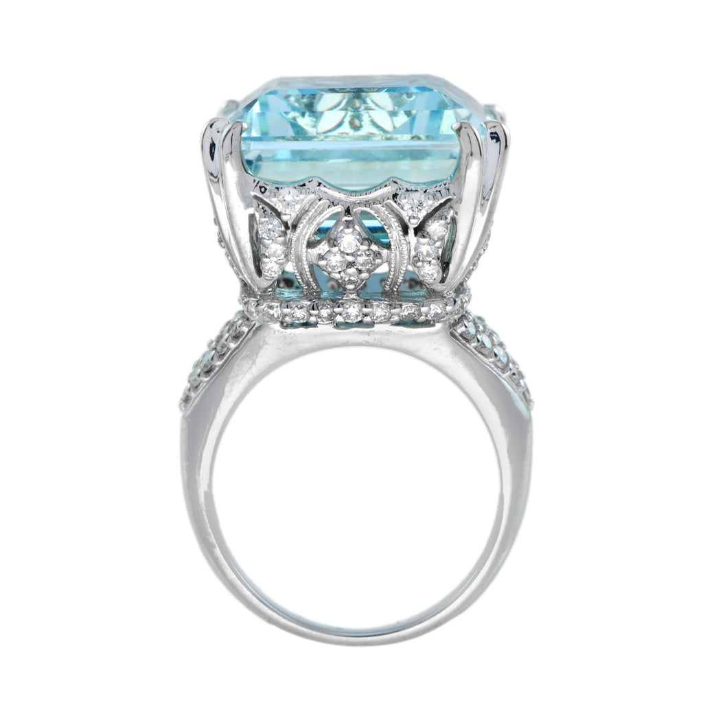 24.55 CT. Cert Blue Octagon Aquamarine & Diamond Cocktail 18K White Gold Ring