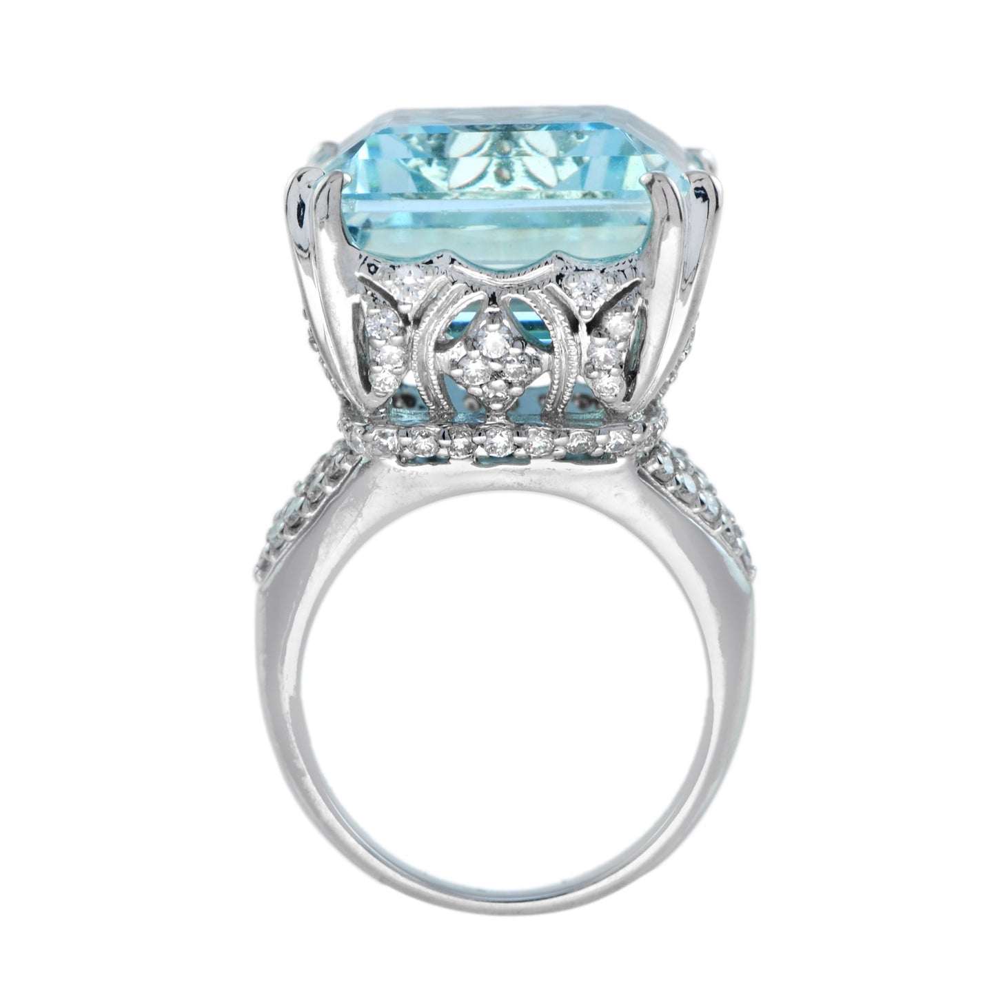 24.55 ct. cert blue octagon aquamarine & diamond cocktail 18k white gold ring