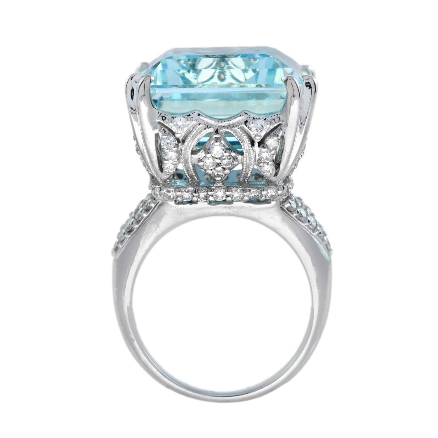 24.55 CT. Cert Blue Octagon Aquamarine &amp; Diamond Cocktail 18K White Gold Ring