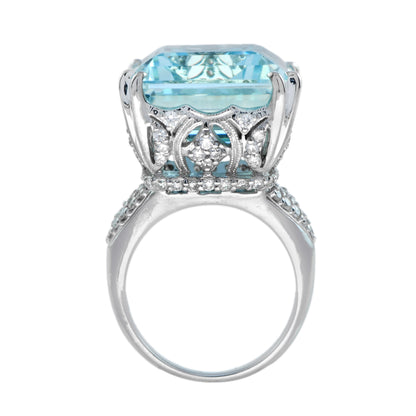 24.55 CT. Cert Blue Octagon Aquamarine & Diamond Cocktail 18K White Gold Ring