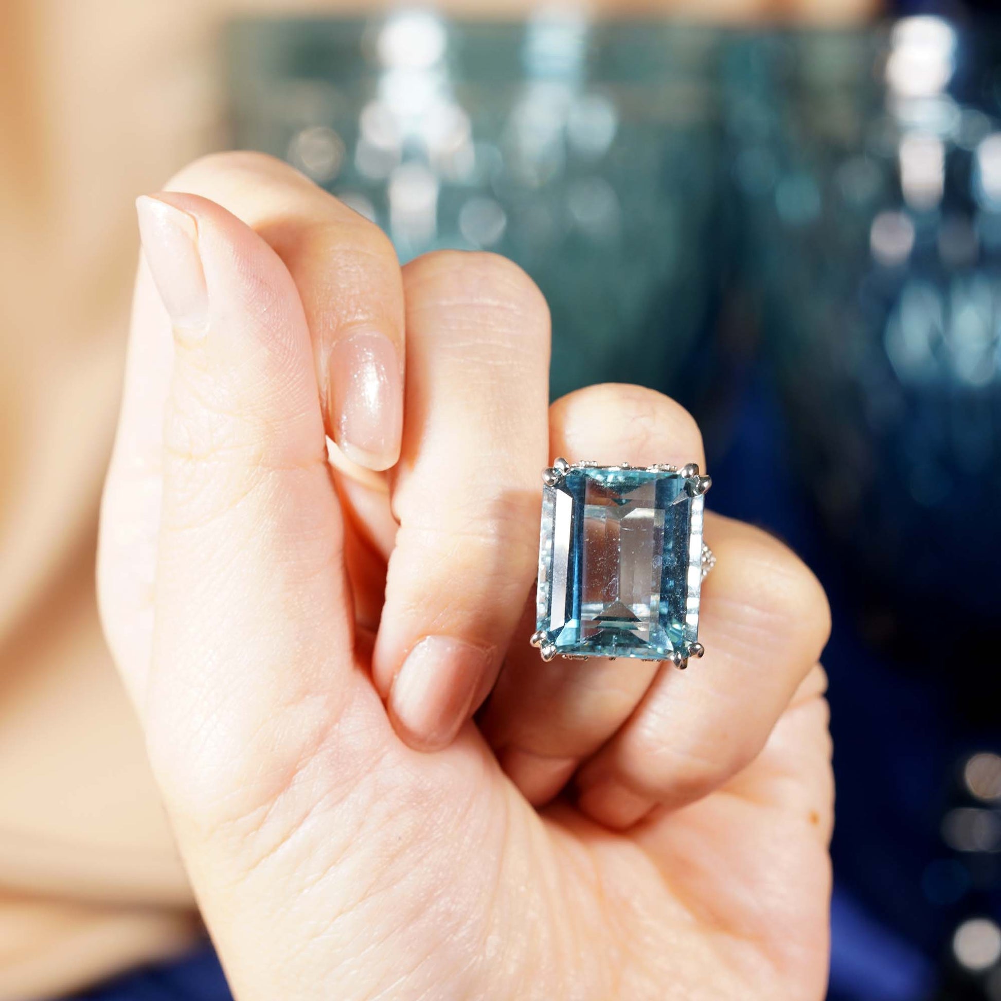 24.55 CT. Cert Blue Octagon Aquamarine & Diamond Cocktail 18K White Gold Ring