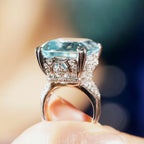 24.55 CT. Cert Blue Octagon Aquamarine & Diamond Cocktail 18K White Gold Ring