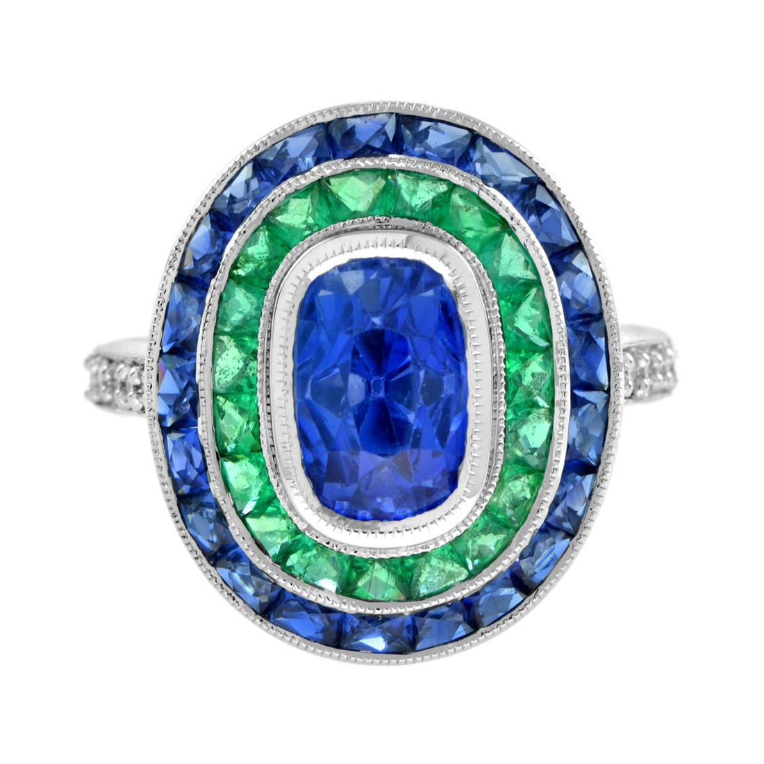 Cushion Shape Ceylon Blue Sapphire with Green Emerald & Sapphire Diamond Ring