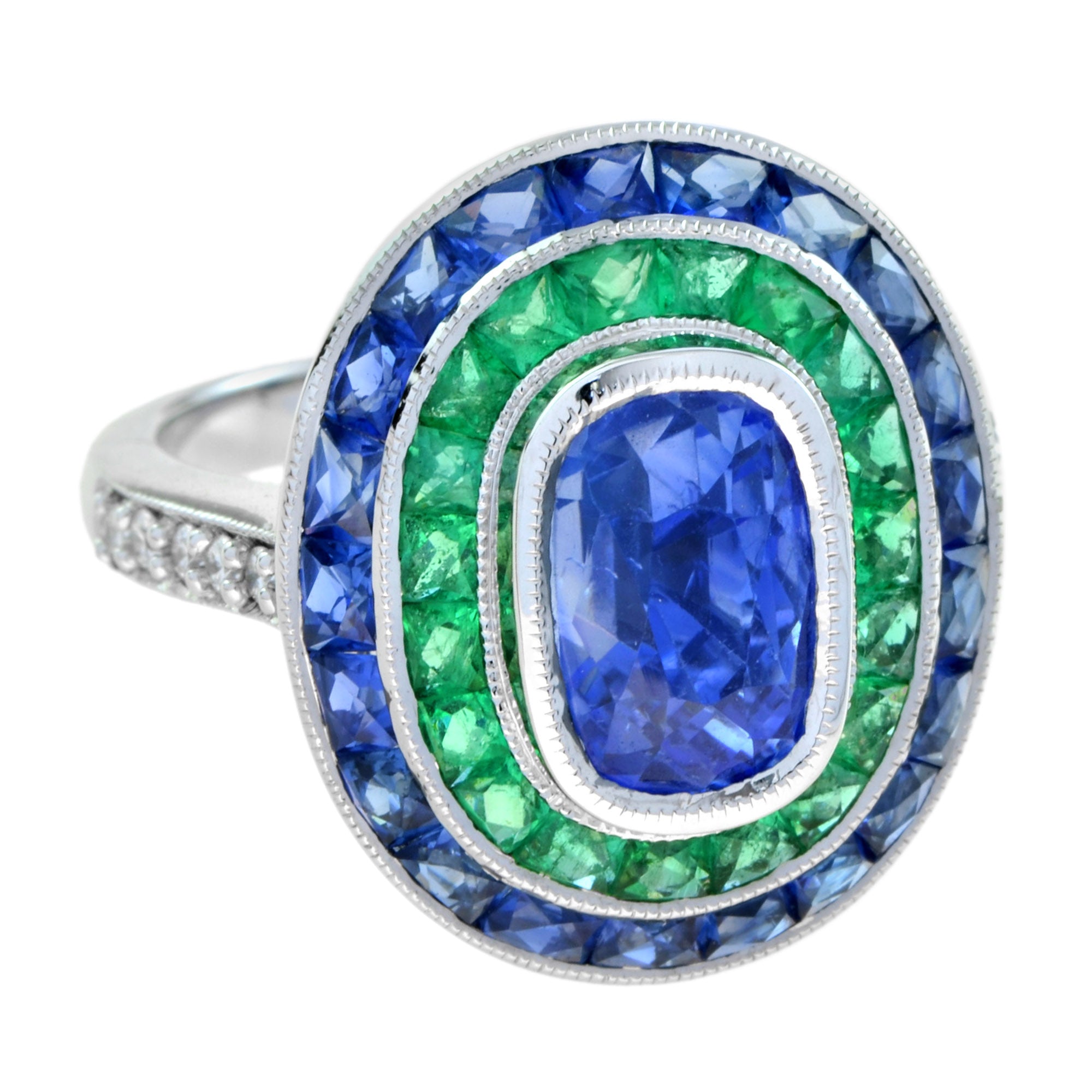 Cushion Shape Ceylon Blue Sapphire with Green Emerald &amp; Sapphire Diamond Ring