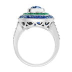 Cushion Shape Ceylon Blue Sapphire with Green Emerald & Sapphire Diamond Ring