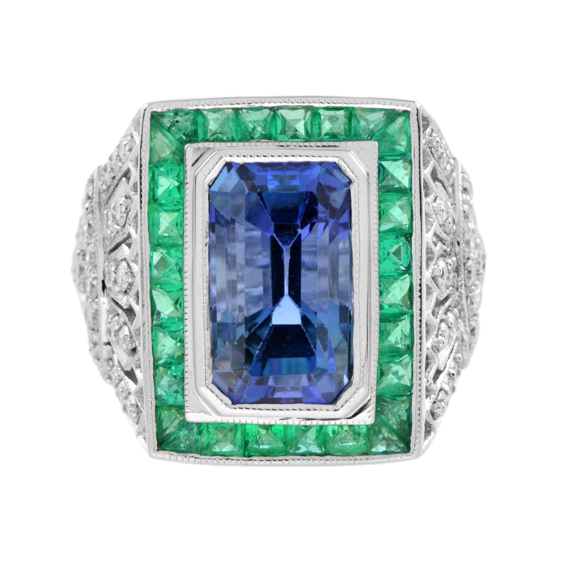 Octagon Blue Tanzanite & Emerald and Diamond Art Deco Style 18K White Gold Ring