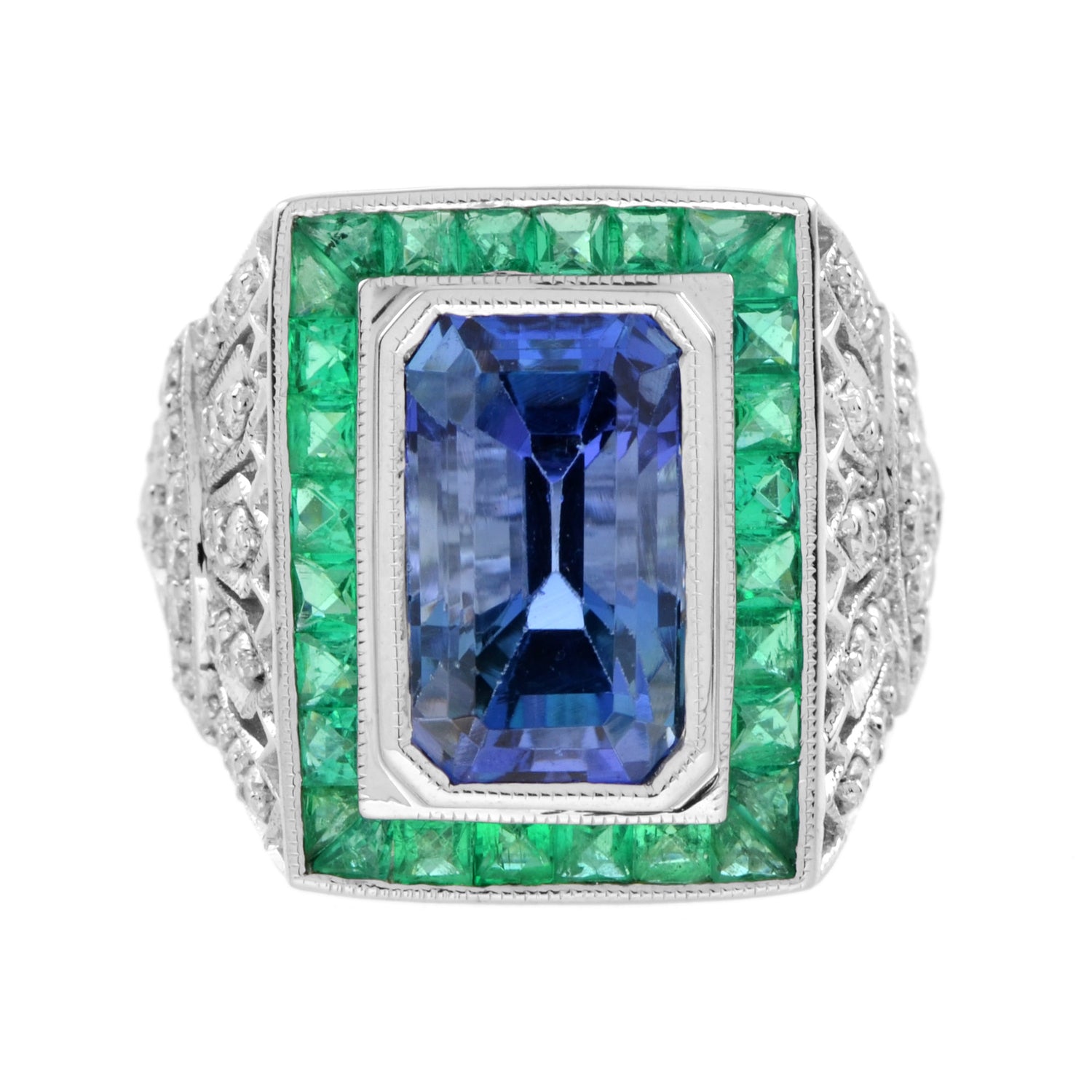 Octagon Blue Tanzanite &amp; Emerald and Diamond Art Deco Style 18K White Gold Ring