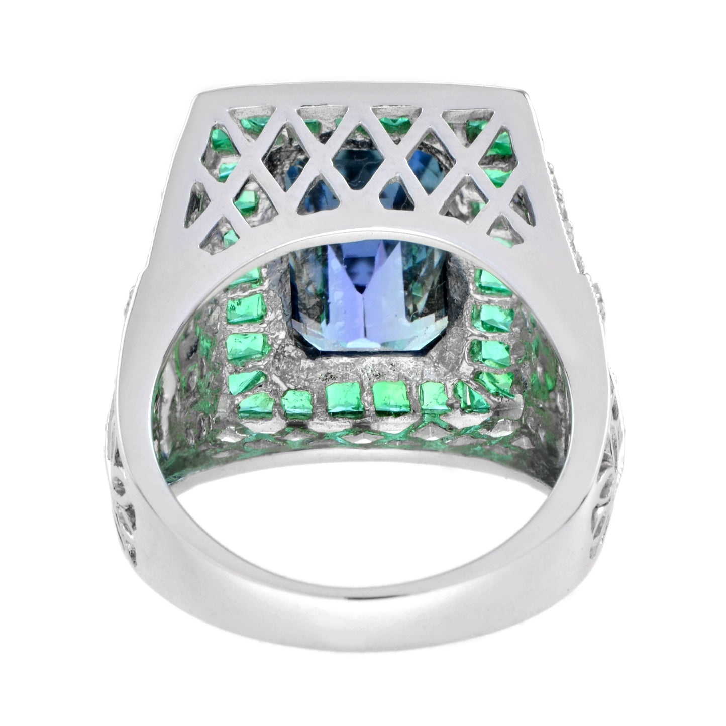 octagon blue tanzanite & emerald and diamond art deco style 18k white gold ring