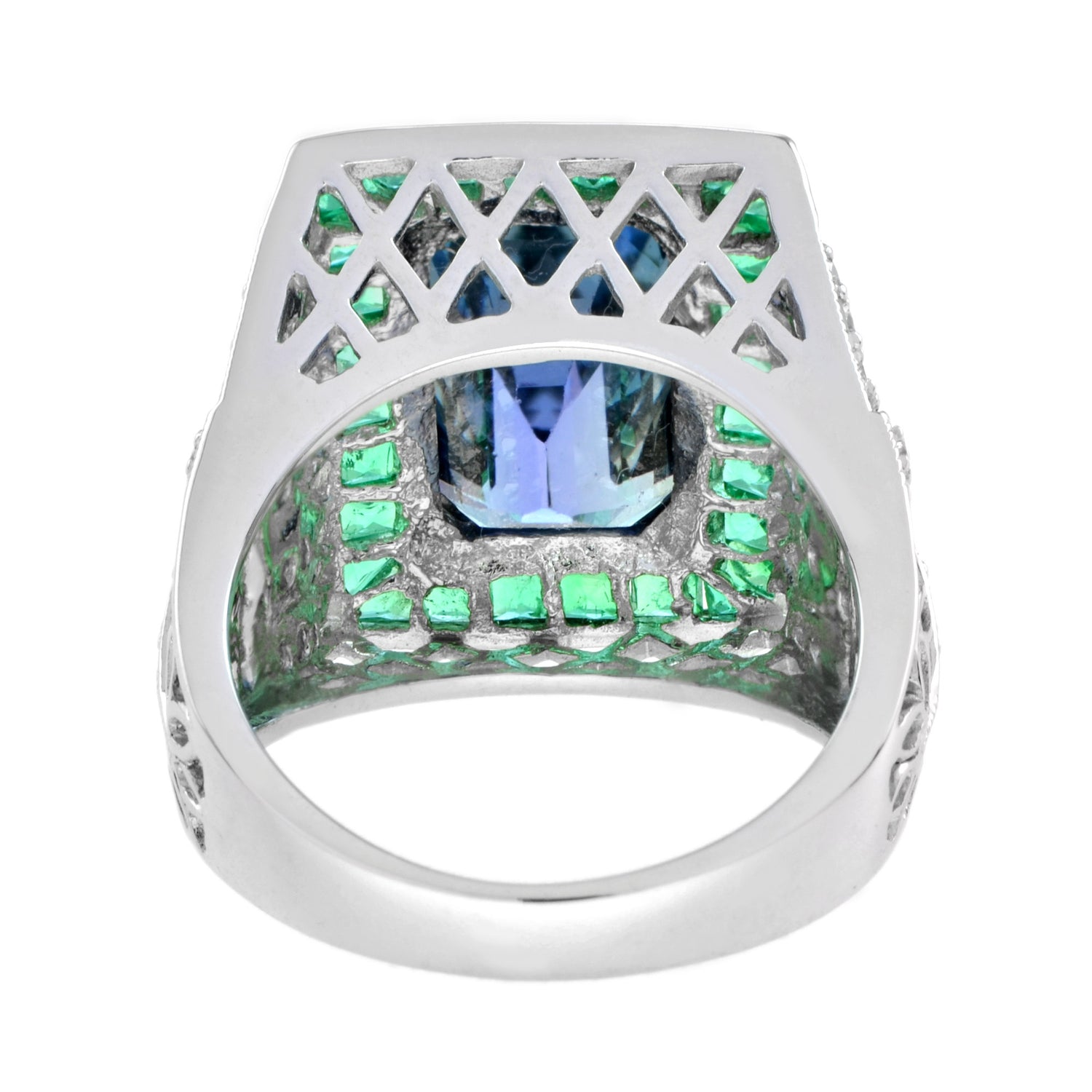 Octagon Blue Tanzanite &amp; Emerald and Diamond Art Deco Style 18K White Gold Ring