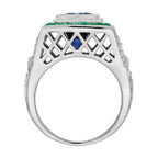 Octagon Blue Tanzanite & Emerald and Diamond Art Deco Style 18K White Gold Ring