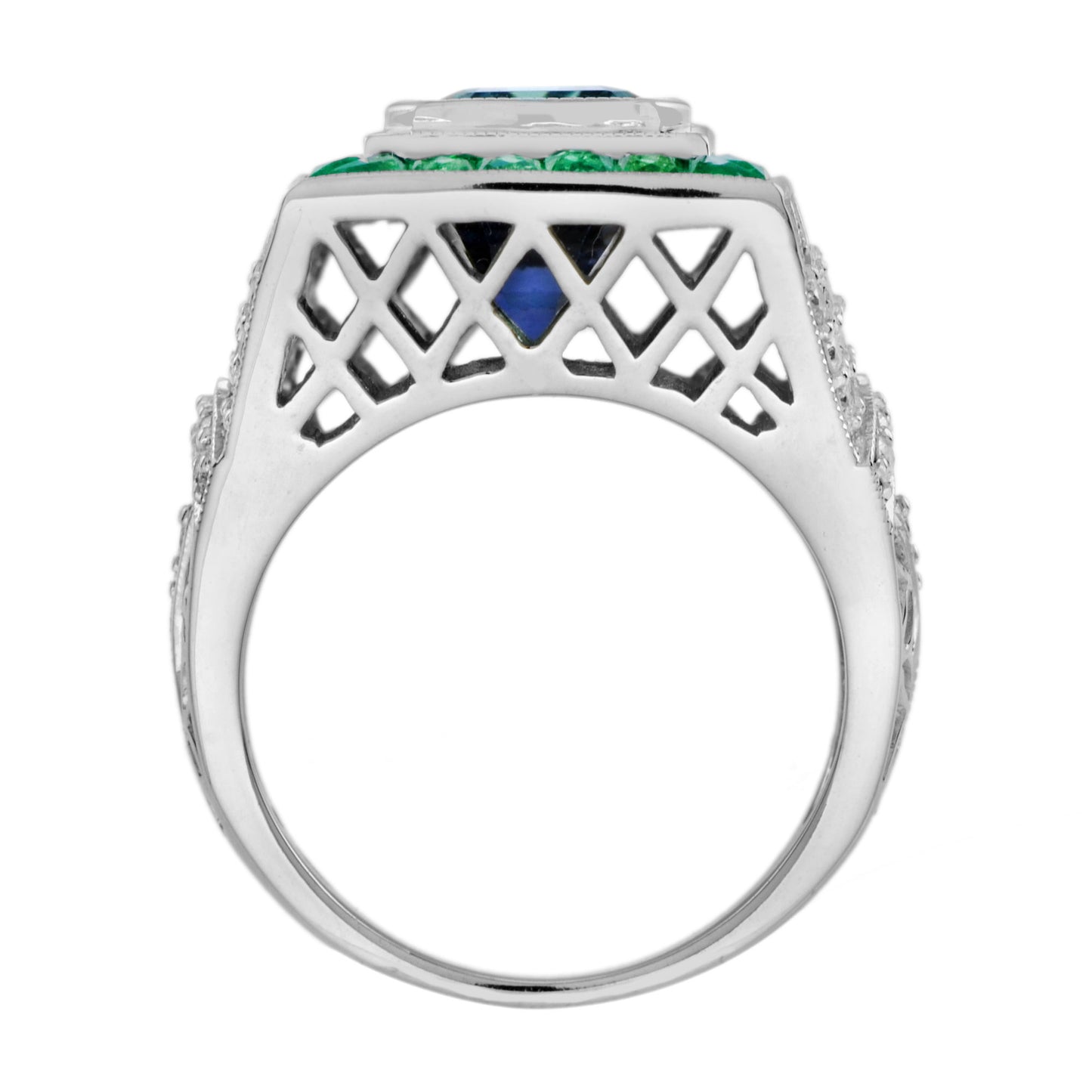 octagon blue tanzanite & emerald and diamond art deco style 18k white gold ring