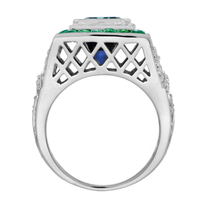 Octagon Blue Tanzanite & Emerald and Diamond Art Deco Style 18K White Gold Ring
