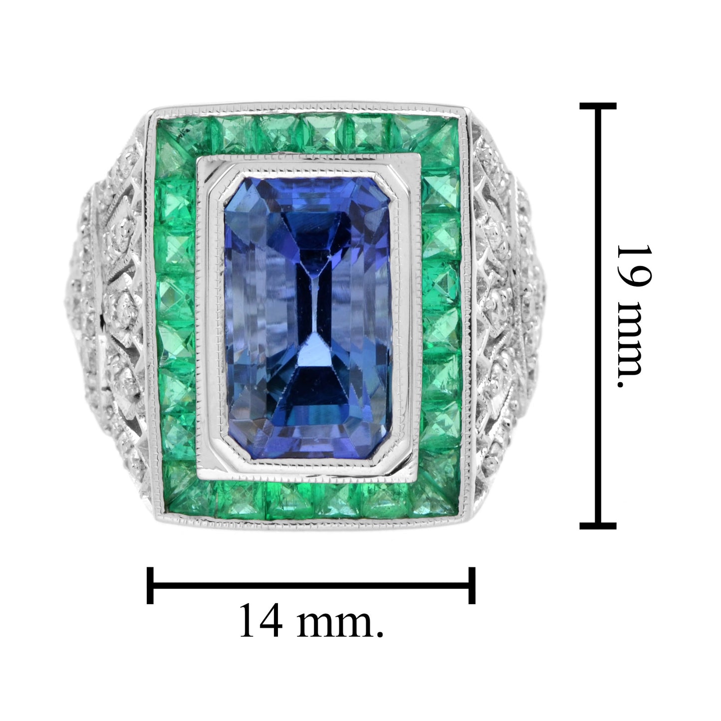 octagon blue tanzanite & emerald and diamond art deco style 18k white gold ring