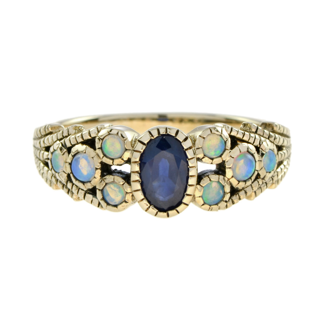 Oval Blue Sapphire & Opal Antique Vintage Inspired Style Yellow Gold Ring