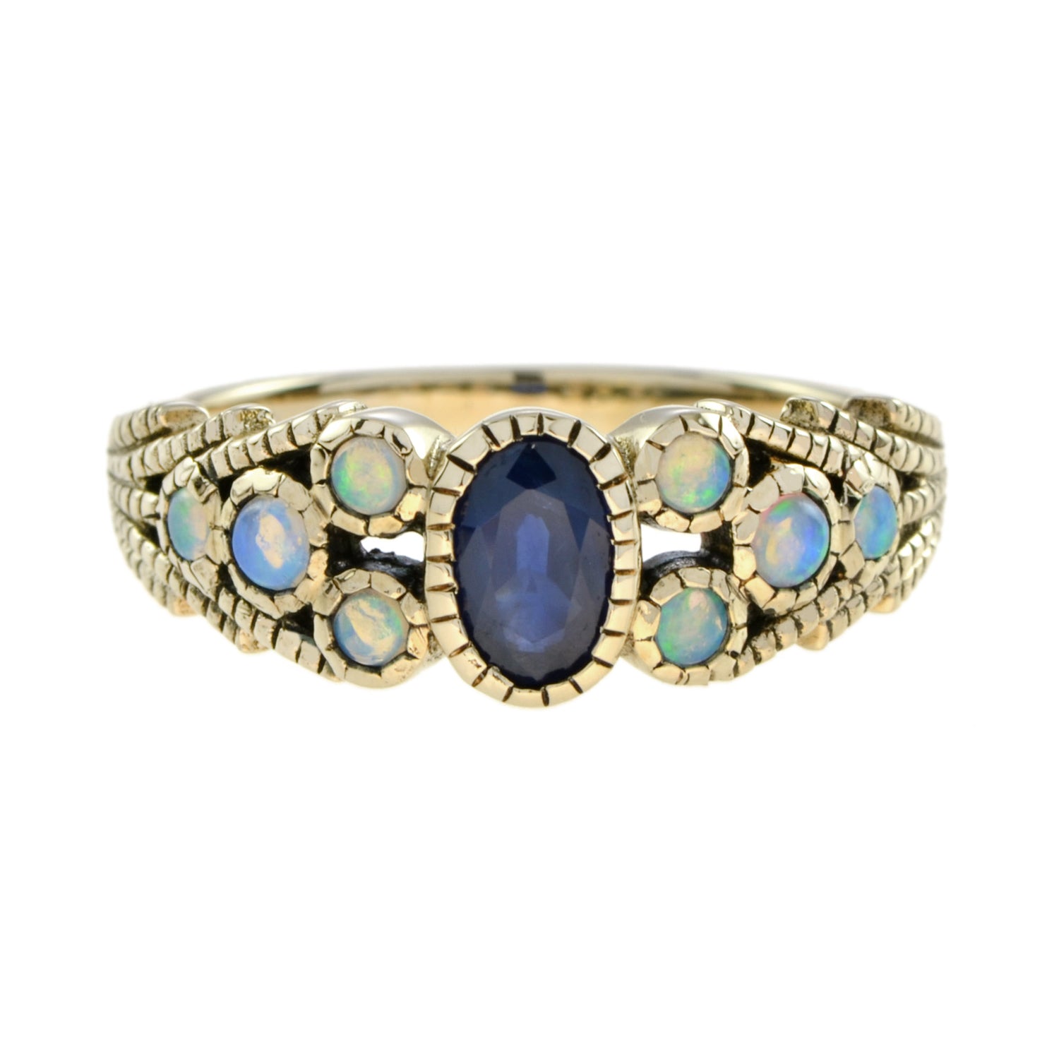 Oval Blue Sapphire &amp; Opal Antique Vintage Inspired Style Yellow Gold Ring