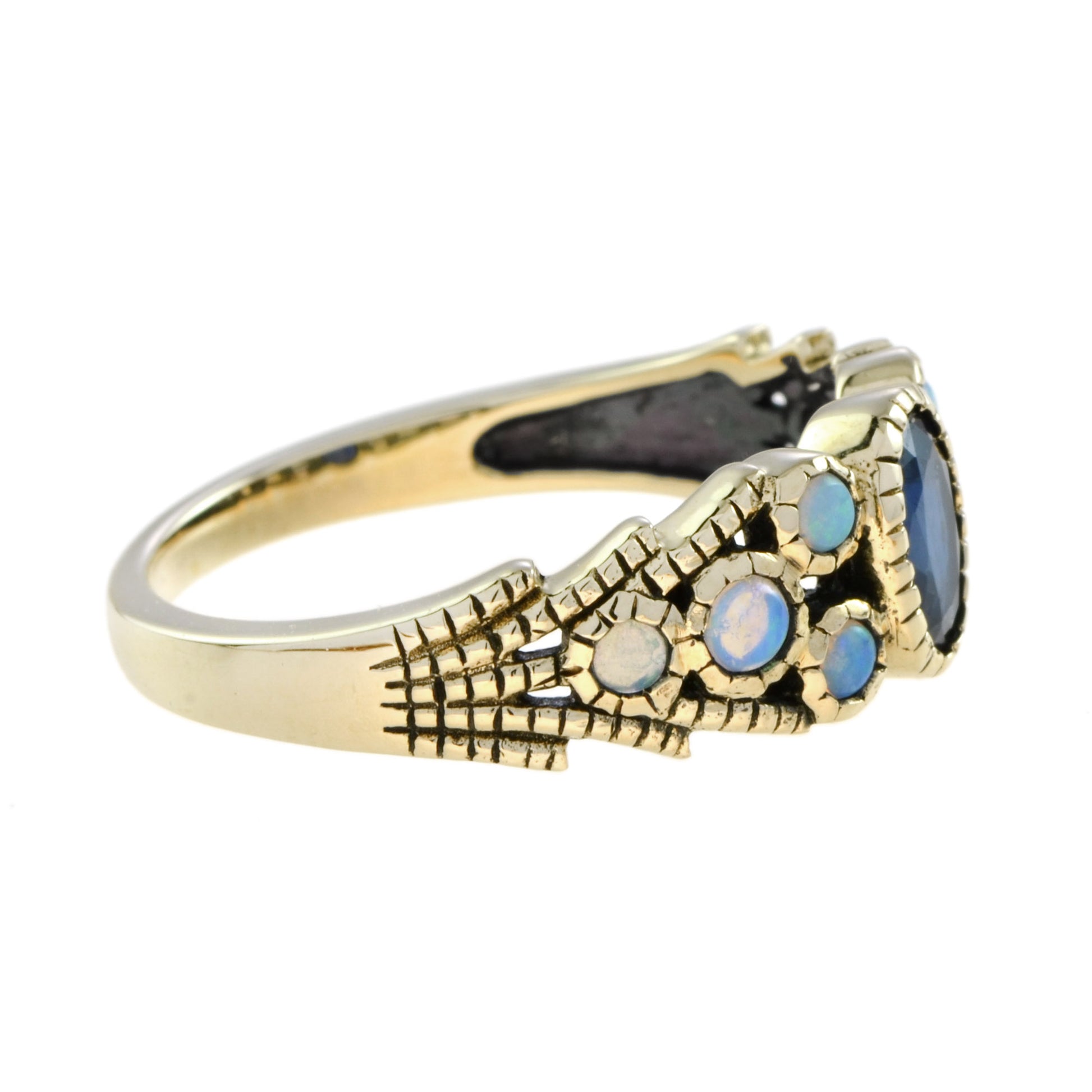 Oval Blue Sapphire & Opal Antique Vintage Inspired Style Yellow Gold Ring
