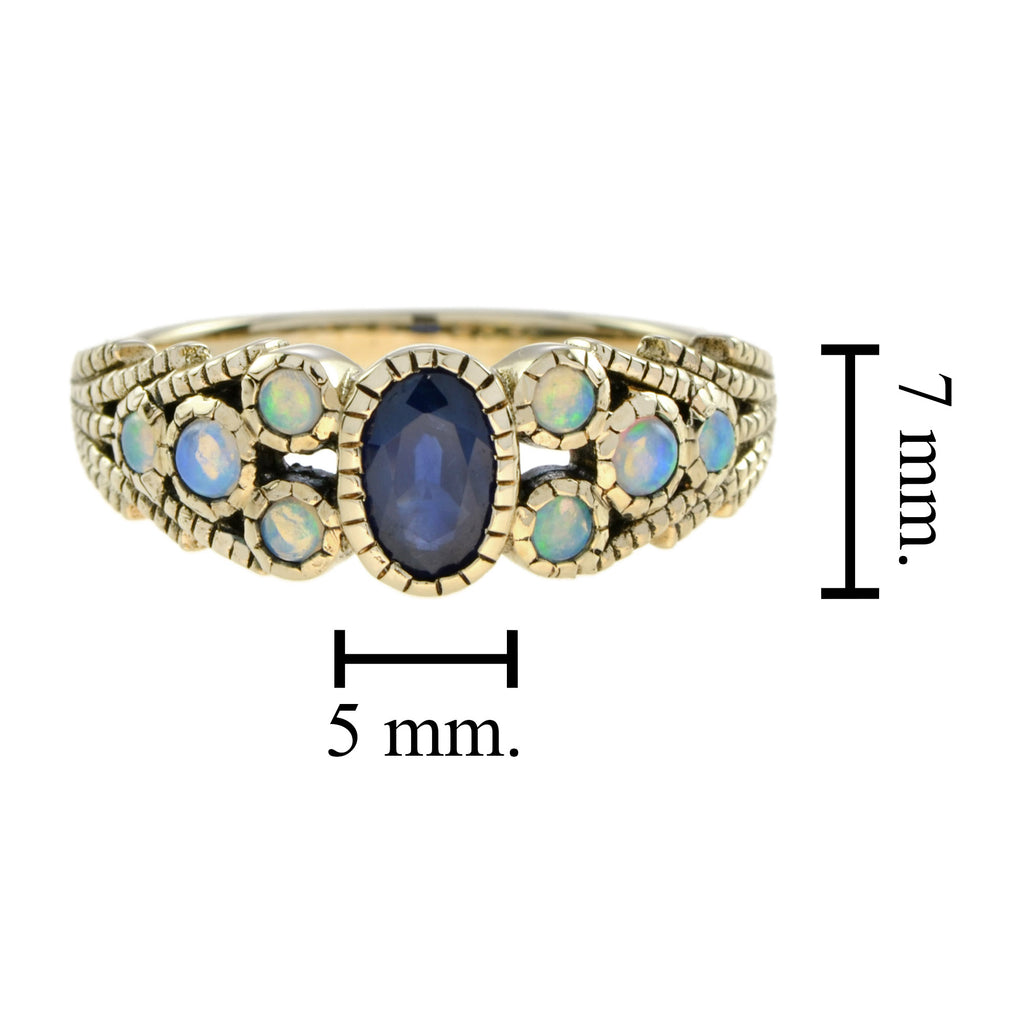 Oval Blue Sapphire & Opal Antique Vintage Inspired Style Yellow Gold Ring
