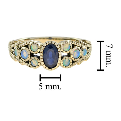 Oval Blue Sapphire & Opal Antique Vintage Inspired Style Yellow Gold Ring
