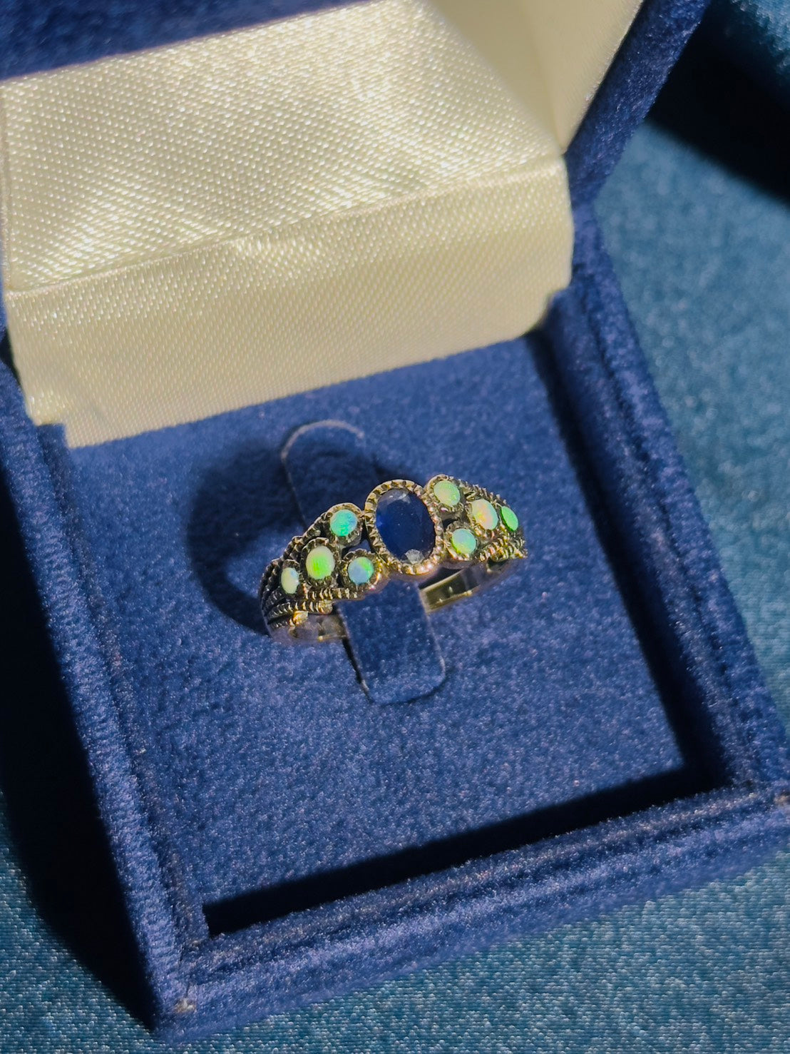 oval blue sapphire & opal antique vintage inspired style yellow gold ring
