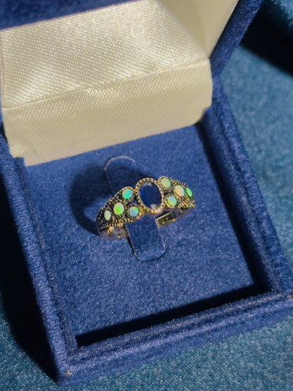 Oval Blue Sapphire & Opal Antique Vintage Inspired Style Yellow Gold Ring