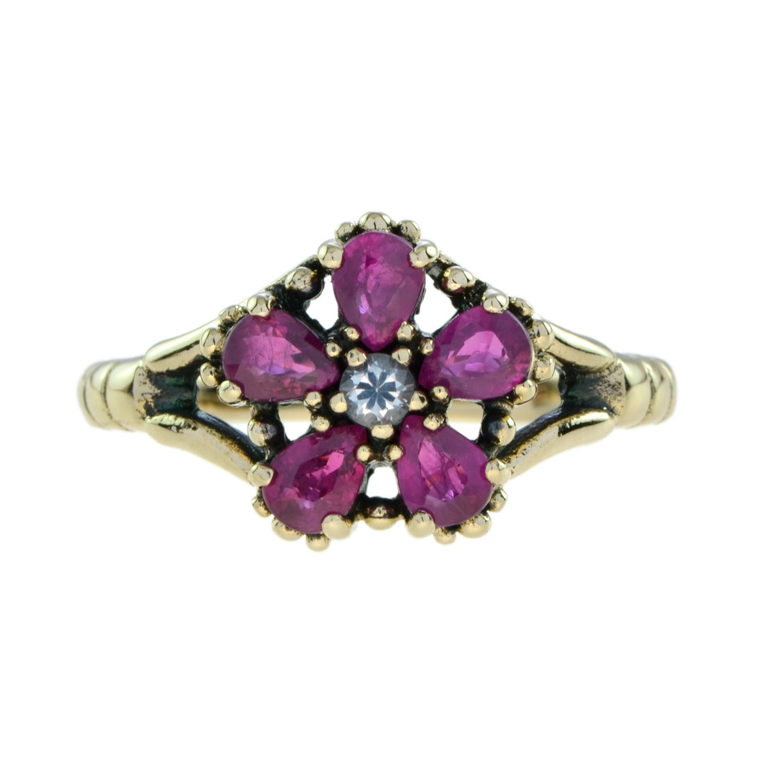 Vintage Inspired White Sapphire & Ruby Vintage Style Floral Cluster Gold Ring