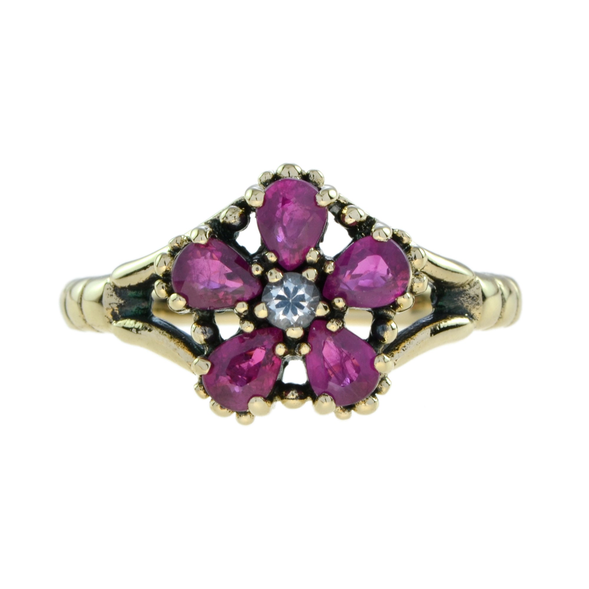 1.32 Ctw Vintage Style Ruby & White Sapphire Gold Floral Cluster Ring