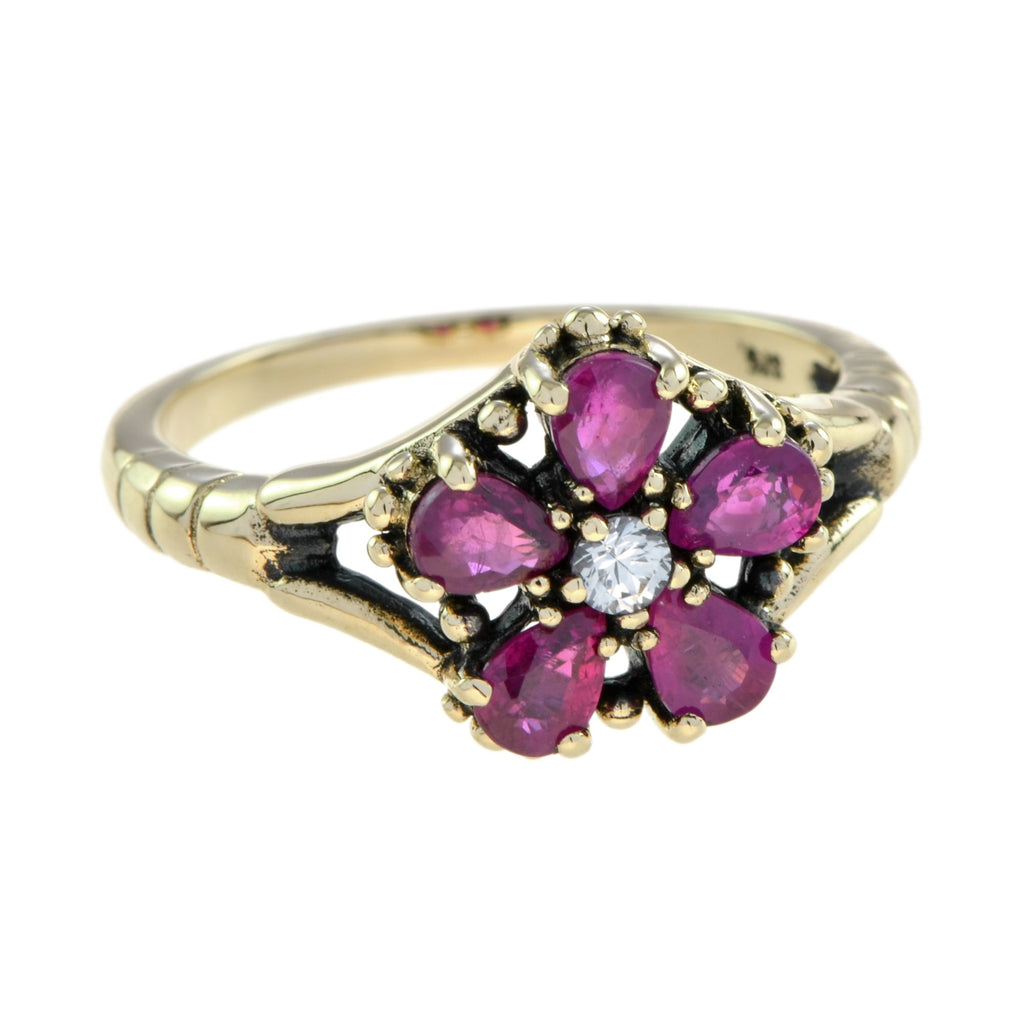 1.32 Ctw Vintage Style Ruby & White Sapphire Gold Floral Cluster Ring