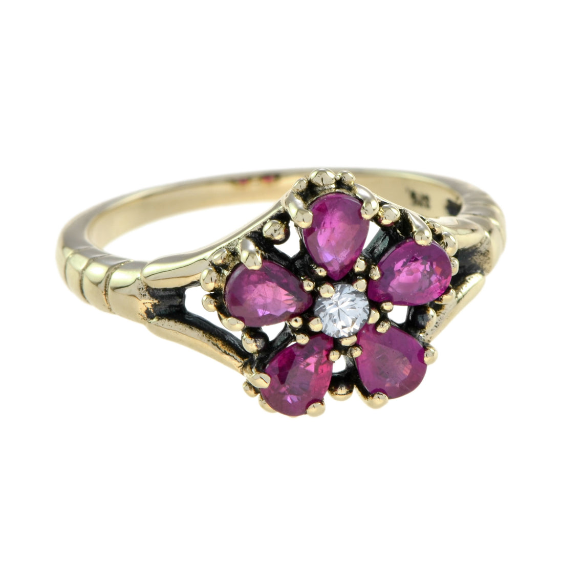 Vintage Inspired White Sapphire &amp; Ruby Vintage Style Floral Cluster Gold Ring