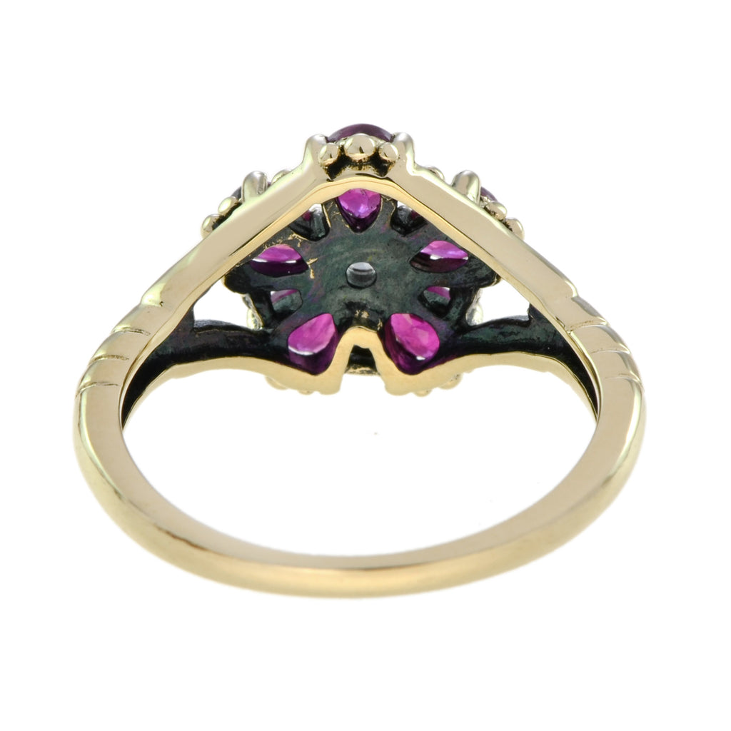 Vintage Inspired White Sapphire & Ruby Vintage Style Floral Cluster Gold Ring