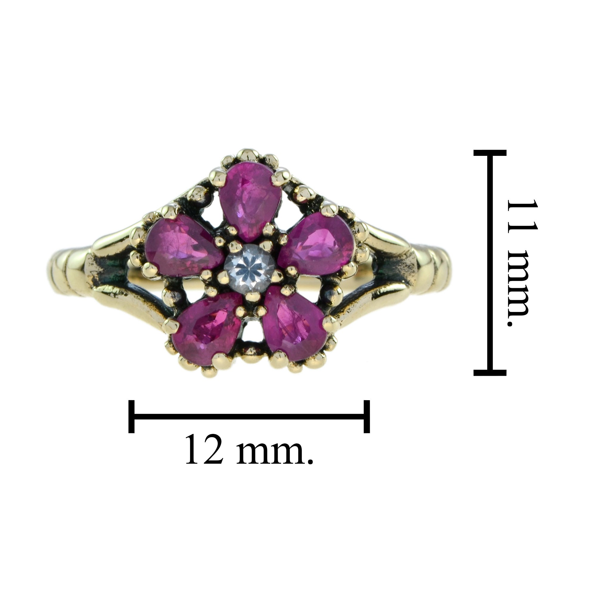 Vintage Inspired White Sapphire & Ruby Vintage Style Floral Cluster Gold Ring