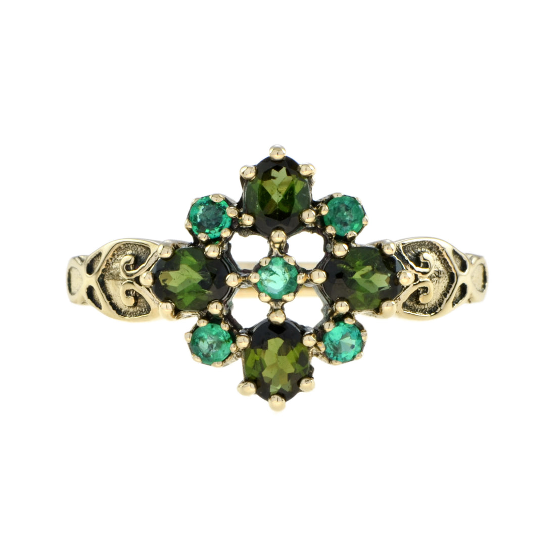 Vintage Style Green Tourmaline & Emerald Cluster 9K Yellow Gold Ring