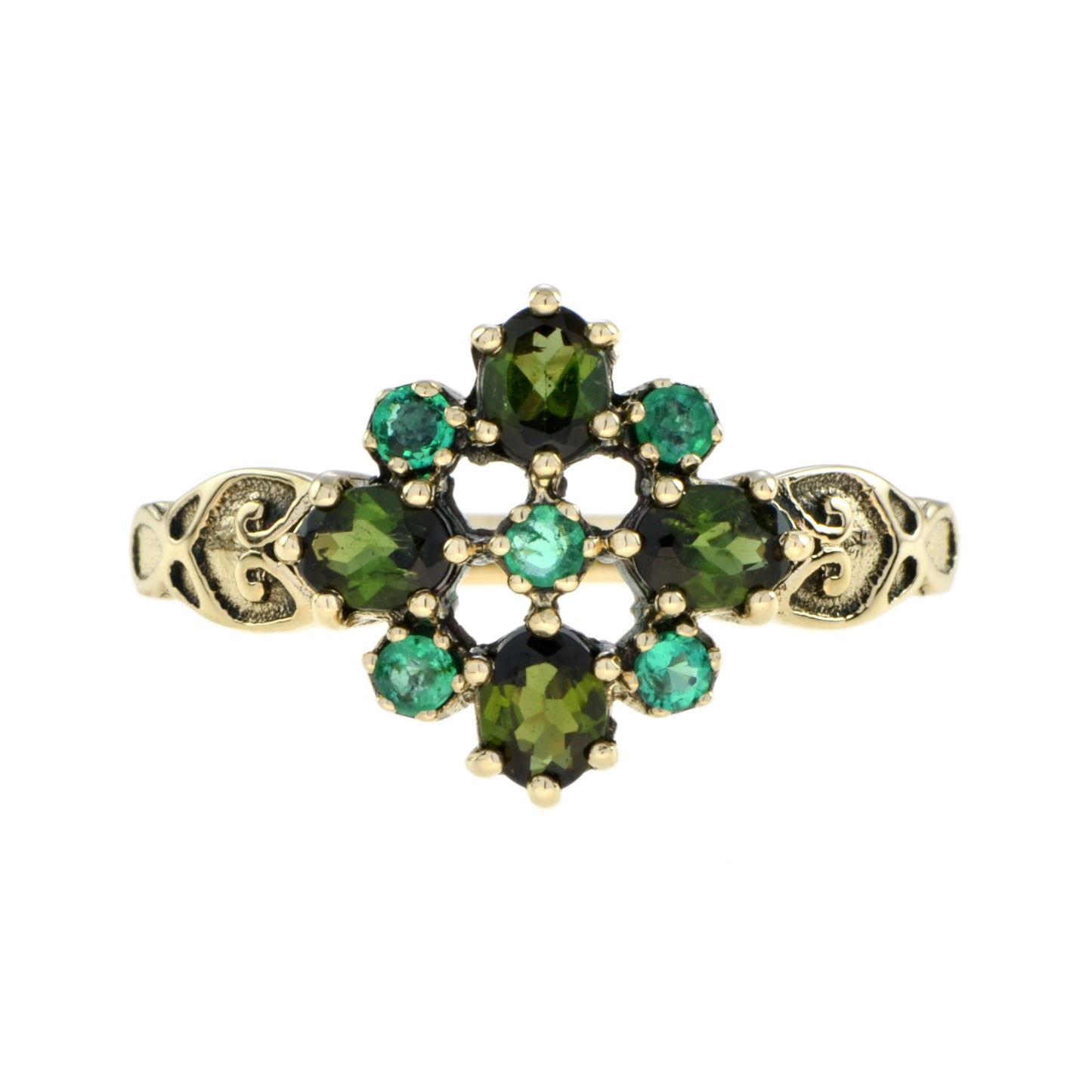 vintage style green tourmaline & emerald cluster 9k yellow gold ring