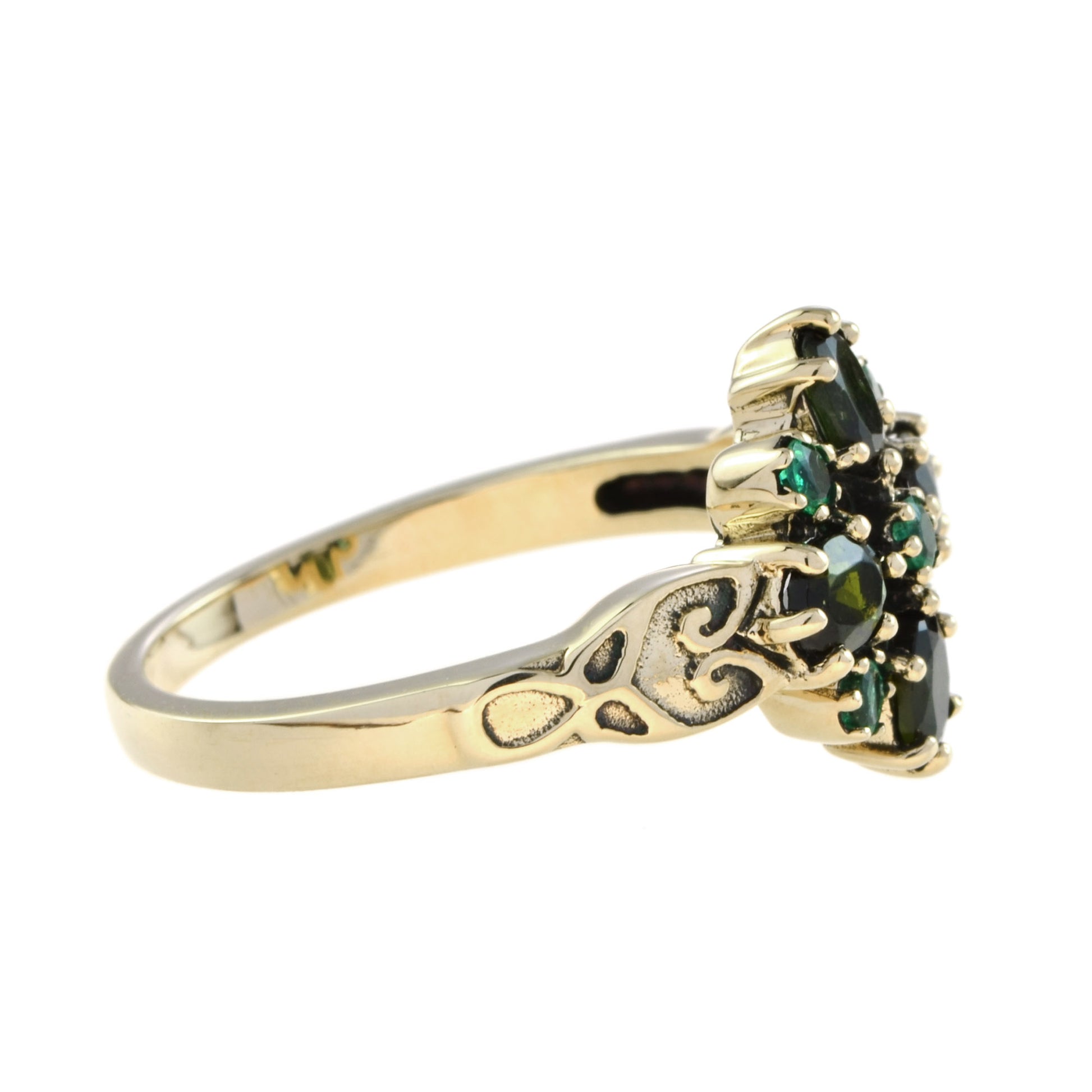 Vintage Style Green Tourmaline & Emerald Cluster 9K Yellow Gold Ring