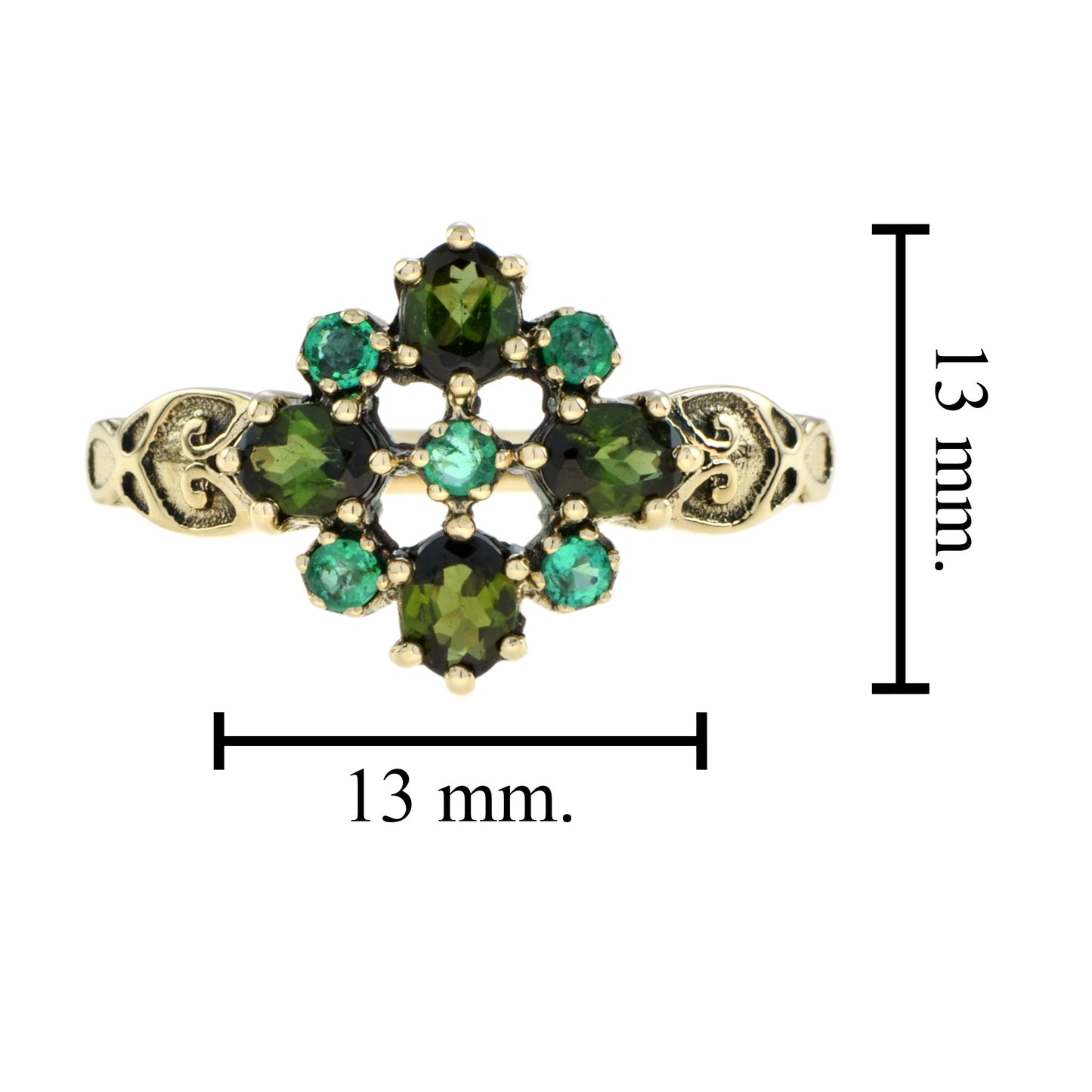 vintage style green tourmaline & emerald cluster 9k yellow gold ring