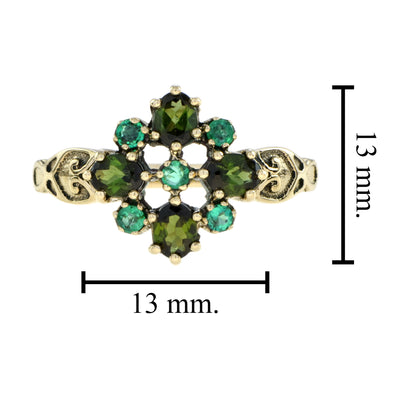 Vintage Style Green Tourmaline & Emerald Cluster 9K Yellow Gold Ring