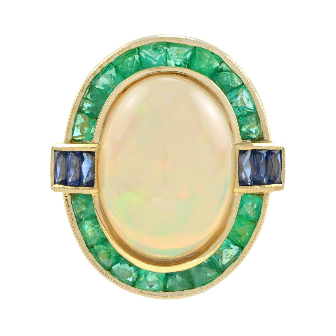 Oval Shape Ethiopian Opal & Emerald Sapphire Halo Set 18K Yellow Gold Ring